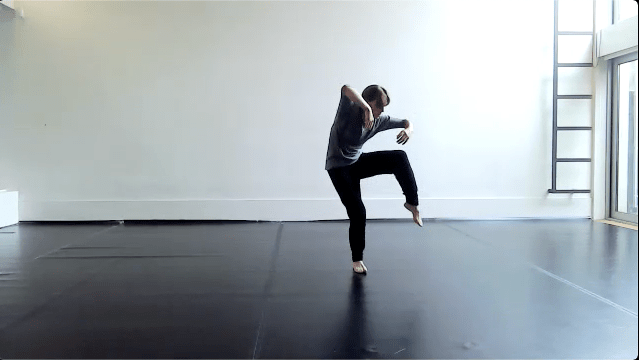 Images of a solo dancer performing alone and with audience members in a studio space